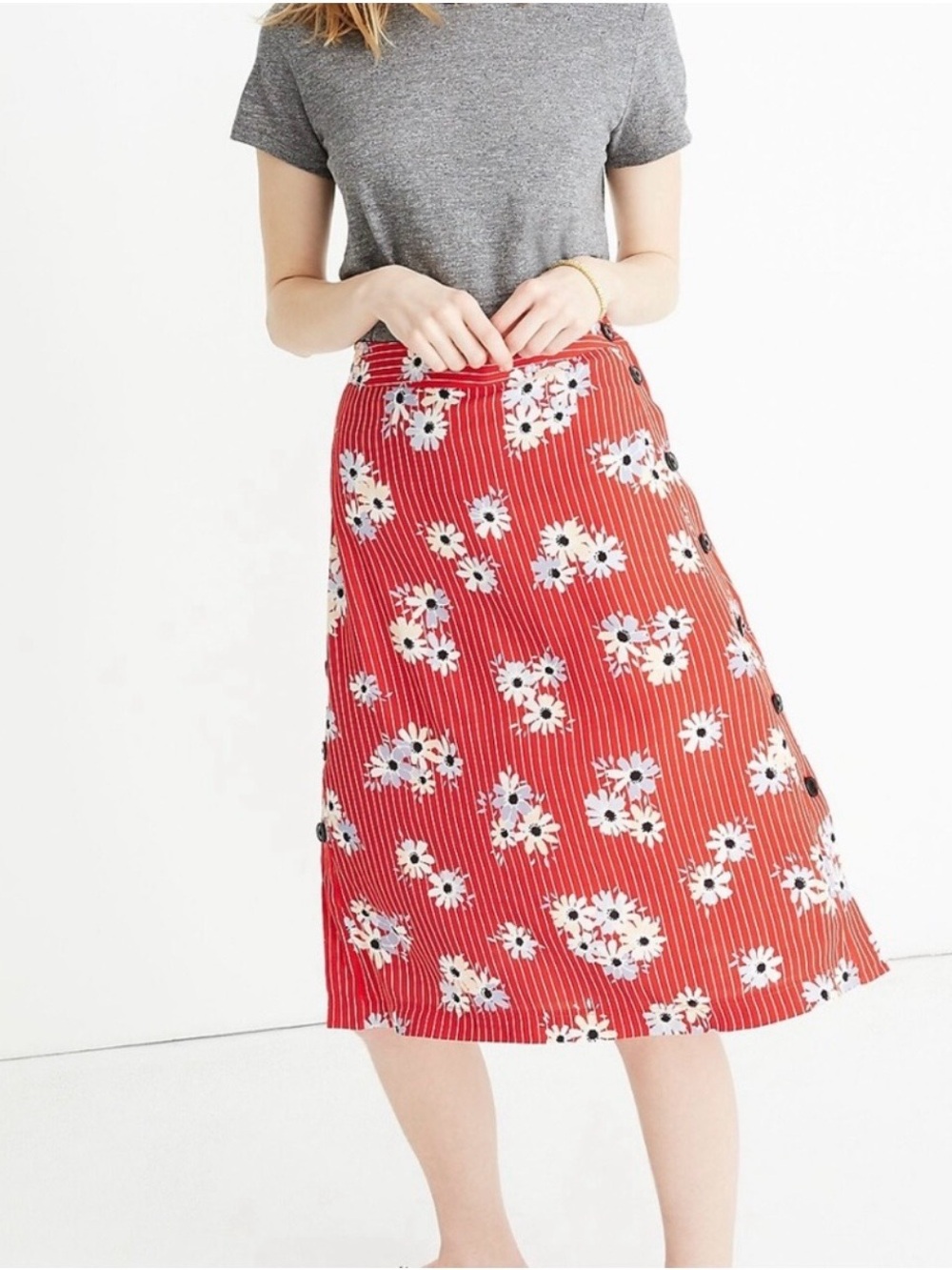 Madewell Red Floral Button-Front Midi Skirt